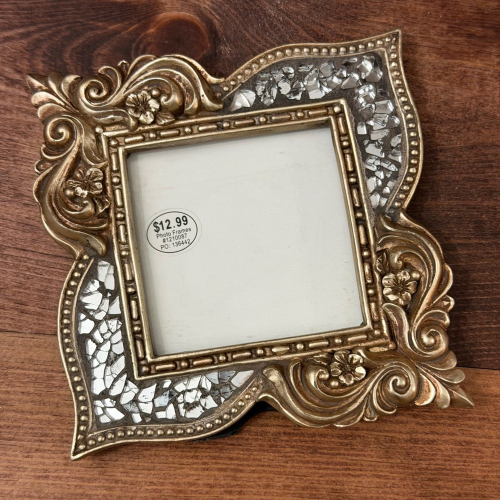 Ornate Gold Tone Mosaic Photo Frame 3x3 Square Scrollwork Floral Design